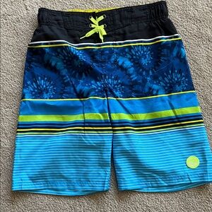 ZeroXposur Blue Tie-Dye & Stripe Swim Shorts with Lime Accents